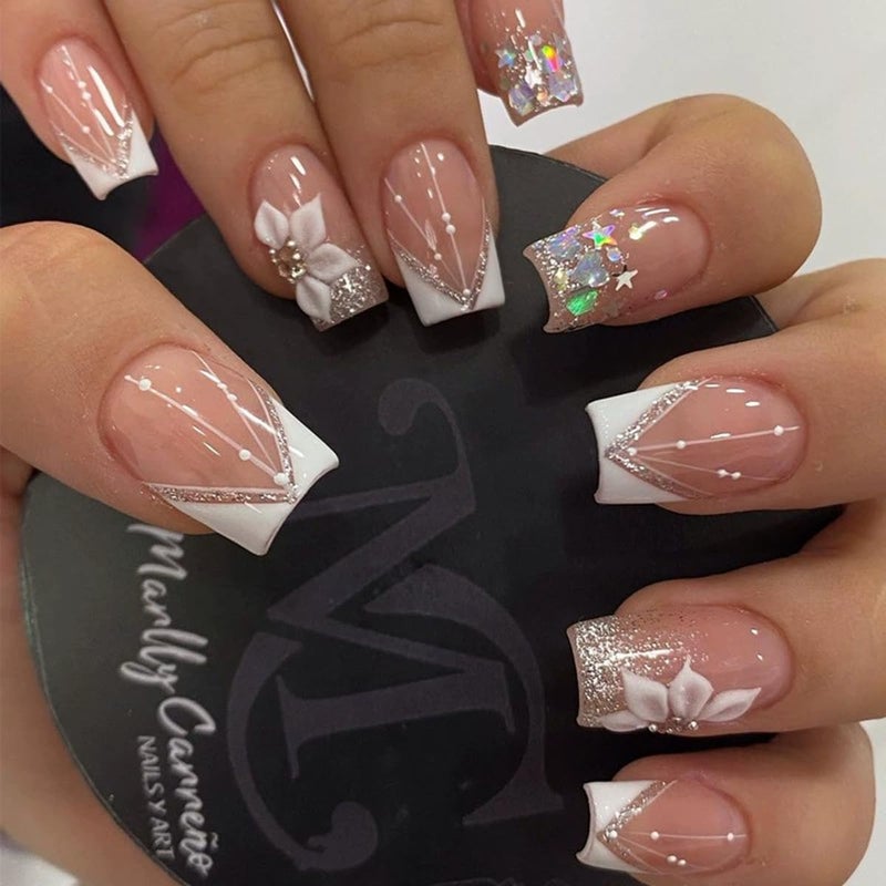 juggssa French Press on Nails Medium Square Fake Nails White French Tip Nails Press on False Nails with Flower Glitter Designs Nude Pink Acrylic Fake Nails Kits Spring Glue on Stick on Nails for Women 24PCS - Image 1